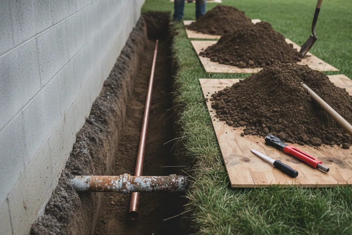 Excavated water line trench during Water Softener Installation in Twin Lake